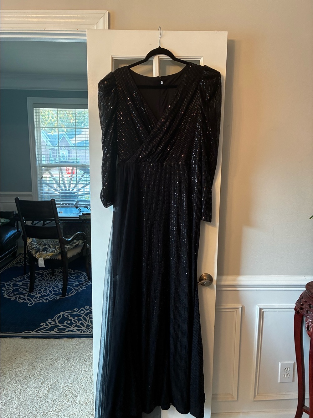 Elegant Black Sequin Long Dress with Sheer Overlay
